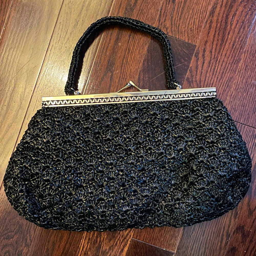 Vintage Black Woven Crochet Wristlet with Silver-Tone Frame